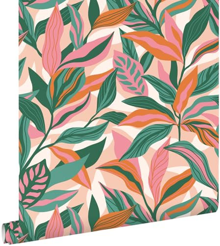 Esta Home Tapete tropische Blätter Türkis, Rosa und Orange 50 x 900 cm