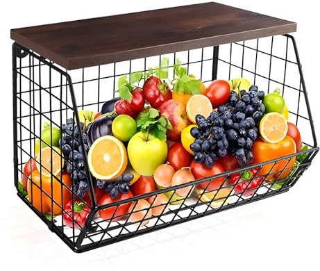 Vegetable Rack, Fruit Basket for Kitchen,Countertop, Wall Mounted Vegetable Rack for Kitchen, Hanging Vegetable Baskets, Black Wire Vegetable Basket,Stackable Fruit And Veg Storage for Onion,Potato