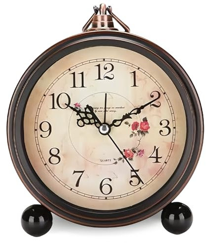 GOEDCH Retro Wecker Analog: 5,3 Zoll Blumen Klassische Retro Tischuhr Europäischen, Retro Wecker, Metall Retro Lautlos Nachttisch Tischuhr, Kein Ticken & Lauter Alarm für Wohnzimmer, Schlafzimmer