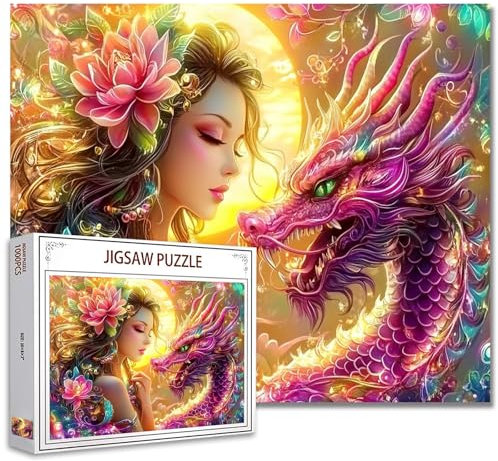 Jigsaw Puzzles 1000 Stück für Erwachsene-schöne Frau mit verschnörkelten rosa Drachen Puzzle-Herausfordernde Puzzle perfekt für Spielabende-DIY Home Wall Decor-Sacred Fantasy -Fairy Puzzles Art