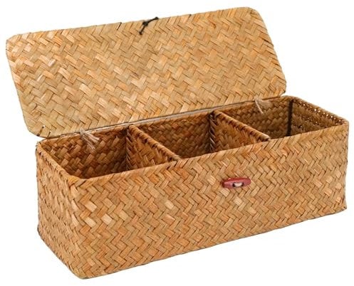 32.5x12x11cm Natürliches Aufbewahrungskorb, Seegras Korb Aufbewahrung, Natürliche Geflochtene Rechteckig Korb, Rattan Korb mit Deckel 3 Fächern, Körbchen Aufbewahrung für Schlafzimmer Badezimmer