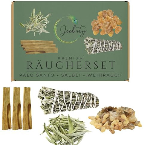 JEEBUTY Premium Räucherset XL, Weihrauch, Boswellia Carterii, 50g, Salbei lose 25g, Salbei Räucherbündel 1x, Palo Santo 3X, Geschenkset