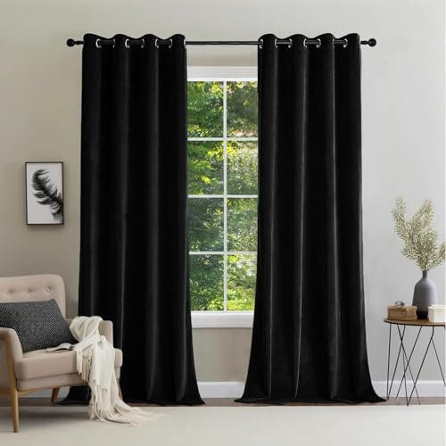 CUCRAF Samtvorhang mit Ösen 2er Set, blickdichte und lichtundurchlässige Vorhänge, H 260x B 132cm, luxuriöse wärmeisolierende Vorhänge für Wohnzimmer und Schlafzimmer (Schwarz)