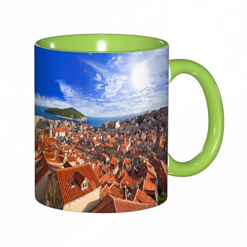 EKLMPS Coffee Mugs,11oz Ceramic Mugs, Funny Gifts for Women, Birthday Present,Christmas,Funny Mugs for Men,European Cityscape Sunset of Dubrovnik City with The Island Mediterranean Culture