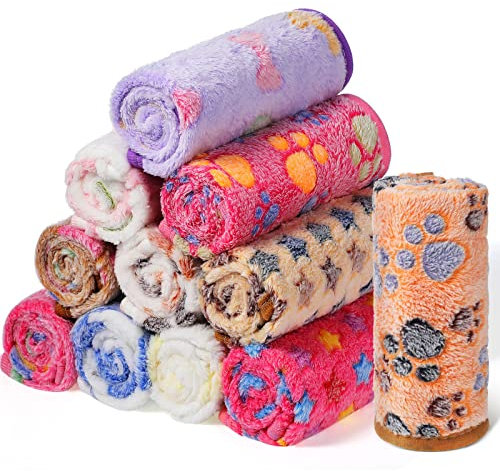 Sinmoe 12 Pezzi Coperta per Cane Gatto Cuccioli Tappetino Caldo per Dormire Copertine in Pile con Graziosi Motivi a Forma di Zampa di Cane Osso Stella Elefante Coperta Soffice, 40 x 60 cm