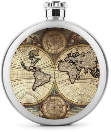 Auslaufsicherer Edelstahl-Flachmann, Motiv: alte Karte, Weltkugel, bedruckt, Whiskey-Flasche, Likörflasche, Flachmann, Likör, Kantine, für Hochzeit, Weihnachten