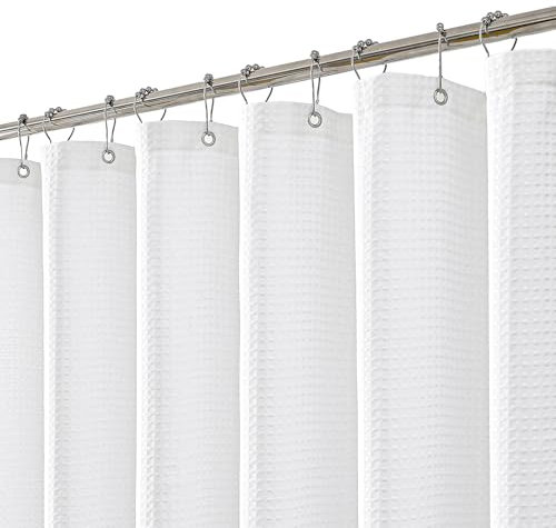 meioro Rideau de Douche Blanc, Anti Moisissure Waffle Tissu Texturé Lourd Rideaux avec 12 Crochets, 150 x 180cm Imperméables Drap de Douche de Luxe en Tissu Lesté pour Salle de Bain, Baignoire