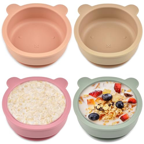 GOMETY 4 Stück Silikon Baby Schüssel, 113x125x54mm Baby Rutschfest Breischale mit Saugnapf, Kleinkinder Futter Entwöhnungsschale Anti-Fall BPA-frei für Spülmaschine Mikrowelle(4 Farben)