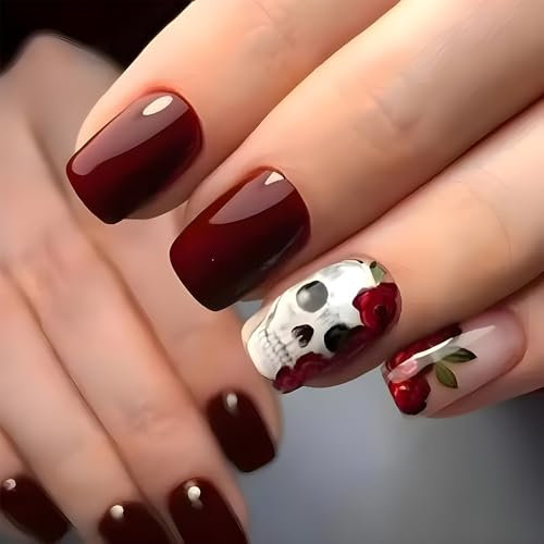 Unghie Finte Corte MouyouGlow,Squadrata Halloween Rosso Scuro Bordeaux Cranio Rose Fiori Floreali Creepy Horror Press on Nails con Colla,Dark Wine Red Dark Wine Red Skull Fake Nails