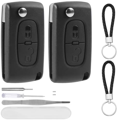 DXiongW 2 Pièces Coque Clé de Voiture 2 Boutons CE0523 VA2 Compatible avec Peugeot 207 307 308 407 408 607 et Citroen C3 C2 C4 C5 C6 C8 Xsara Boîtier Clef à Télécommande Pliable avec Porte-clés