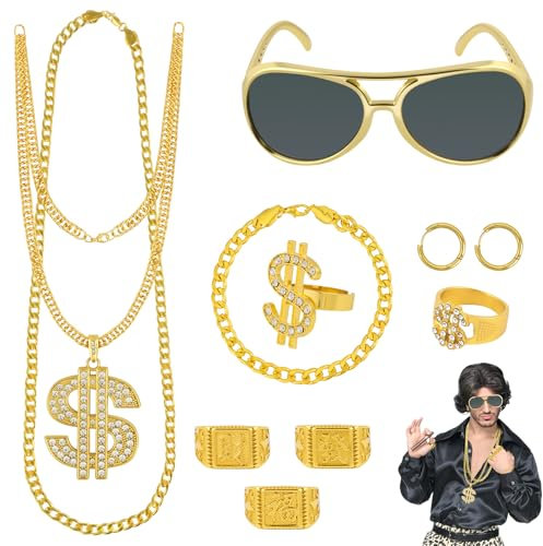 BSBUY Zuhälter Kostüm Set 10Pcs Rapper Hip Hop Accessoires mit Ohrringe Dollar Kette Große Gold Halskette Dollarzeichen Ring Goldenes Armband Herren Gangster Gang Ring für 80s/90s Fasching Karneval-A