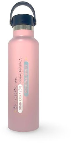 Theramic Botella Térmica, 600 ml, para profesores, Acero Inoxidable, Rosa, Doble Pared, Tapa con Asa, con Frase motivadora