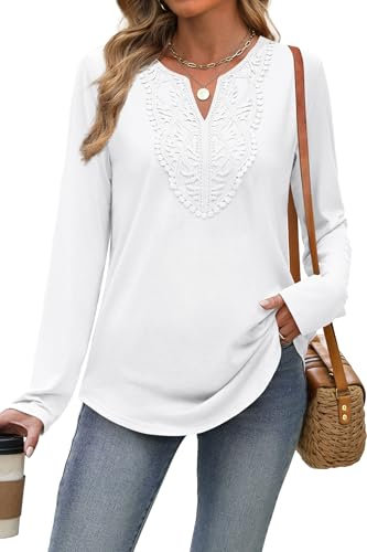 XIEERDUO Womens Long Sleeve Tops Ladies Blouse V Neck Tunic Lace T Shirts Curved Hem Solid Color Comfy Loose Tops Office Wear White Top Size 10-12 UK
