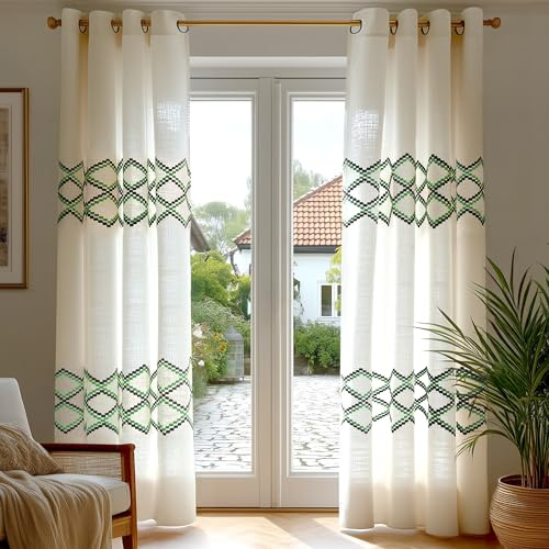 Deconovo Eyelet Curtains Linen, Lightweight Semi Sheer Curtains with Geometric Diamond Pattern, Natural Window Drapes for Living Room, W52 x L63 Inch, Linen, Set of 2