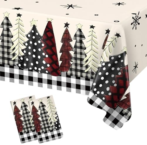 2 Pezzi Nero Bianco Tovaglia Natalizia, Decorazione Della Festa di Natale, 130 x 220cm Tovaglia Rettangolo Plastica con Motivi Dell'albero di Natale, Decorazioni da Tavolo per natale Vacanze Invernali