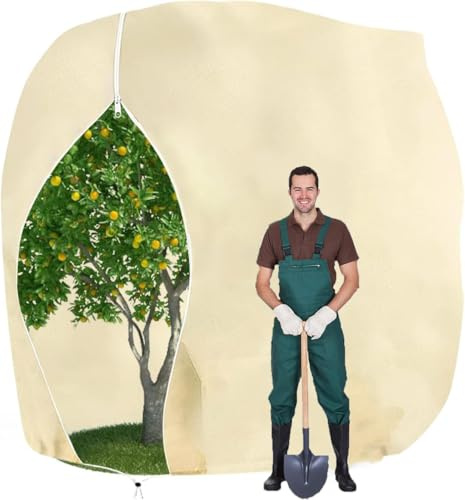 MYOWELL Winterschutz für Pflanzen - 200x240cm Frostschutz Kübelpflanzensack, Lichtdurchlässig und Atmungsaktiv für Palmen, Olivenbaum, Obstbäume (Beige, mit Reißverschluss und Zugband
