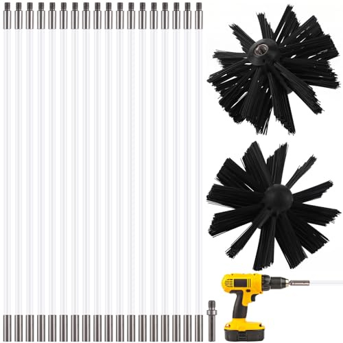 ULTECHNOVO 24FT Chimney Sweep Kit 18 Flexible Rods, Drain Cleaning Set with 2Pcs 4 inch Heads & Hex Drill Adapter, Pipeline Flue Sweeping Tool for Dryer Vents Pellet Stoves Extractor Fan Ducts