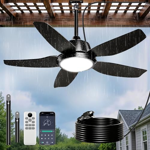 Ventilatore da soffitto per esterni da 42 pollici con luci, impermeabile IP65, APP e telecomando, LED 3CCT dimmerabile, motore CC silenzioso a 6 velocità, ventilatore a sospensione per gazebo nero