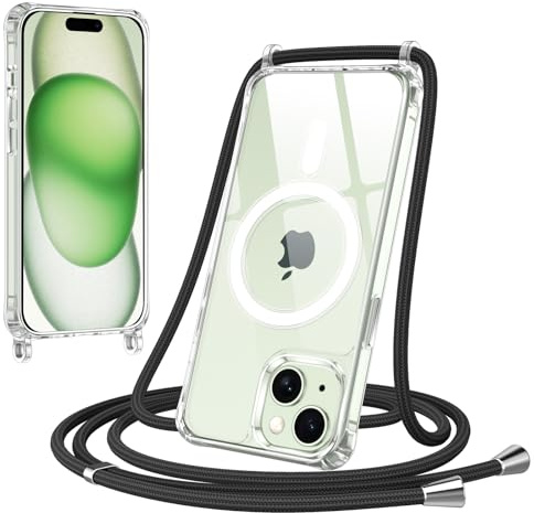 Jrkvniv Magnétique Coque pour iPhone 15 Plus avec Cordon, Compatible avec MagSafe Transparent Réglable Lanyard Necklace Case, Ultra Mince Souple Silicone TPU Antichoc Housse pour iPhone 15 Plus, Noir