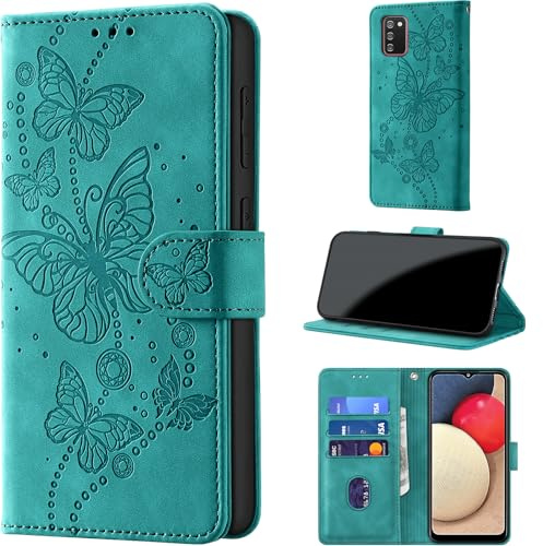 Handyhülle für Samsung Galaxy A02s Hülle, Türkis | Klappbar Premium PU Lederhülle, RFID Schutz, Stoßfeste, Kartenfach, Standfunktion, Magnetverschluss, Leder Prägung, Flip Case