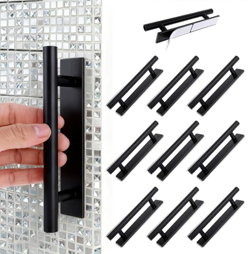 10 PCS Adhesive Cabinet Handles, Self Stick Door Handles ABS Plastic Pulls Push Peel and Stick Pull Helper Drawer Pulls No Drill Design Stick on Handle for Cabinet Wardrobe Furniture Door (Black)