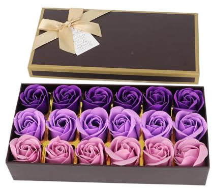 Blumig duftende Badeseife, Rosenblütenblätter, 18 Stück, romantischer lila Farbverlauf, handgemachte Rosenseife, pflanzliches ätherisches Öl, Rosenseifenset mit Geschenkbox für