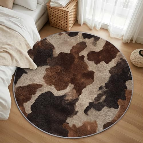 AevuCub Kuhfell Teppich Rund 150cm Kinderzimmer - Waschbare Teppiche Wohnzimmer Kuhfell Optik Braun Kuhmuster - Runder Teppich 150 Durchmesser - Bettvorleger Schlafzimmer rutschfest Weich