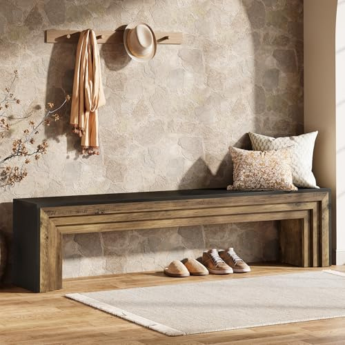 Tribesigns Extra Long 180cm Shoe Storage Bench, Modern Farmhouse Wooden Hallway Seat with Open Shelves, Sturdy Entryway Couch for End of Bed, Lounge, Dining Area, Black & Brown