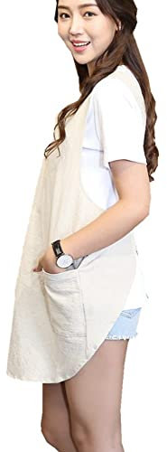 Weiche Schürze aus Baumwollleinen, Einfarbig, überkreuzte Träger am Rücken, X-Form im japanischen Stil, zwei Taschen, runder Rocksaum, Küche, Kochen, Koch, angenehm im Sommer beige