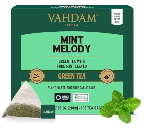 VAHDAM, Mint Melody Thé Vert (100 Sachets De Thé Pyramid) 100% De Feuilles De Menthe Verte Et De Menthe Poivrée Naturelles | Directement De La Source En Inde | Infusion Chaude/Glacée