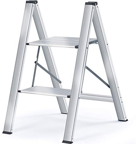 KINGRACK Scaletta pieghevole in alluminio a 2 gradini, sgabello portatile sottile, scaletta di sicurezza per uso domestico con multifunzione (Argento, 2 Passi)