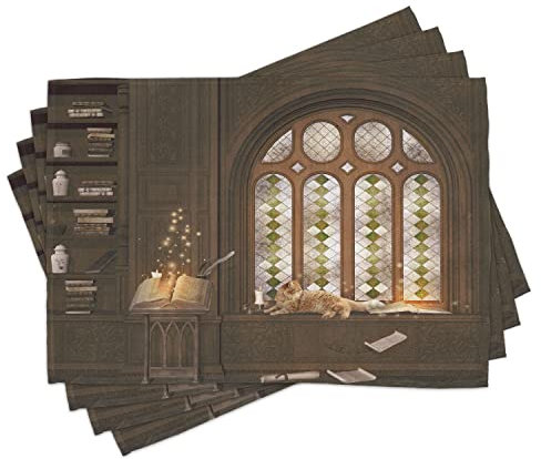 ABAKUHAUS gotisch Platzmatten, Mittelalterliche Bibliothek Katze, Untersetzer aus Waschbaren Stoff Tischdekoration mit Druck, Taupe