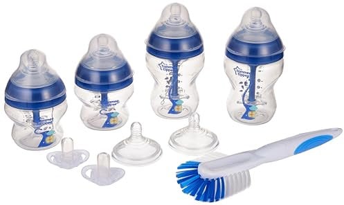 Tommee Tippee Advanced Anti-Colic Newborn Baby Starter Set | Includes 2 x 150ml + 2 x 260ml Baby Bottles, Soother & Cleaning Brush, 0m+ | Blue