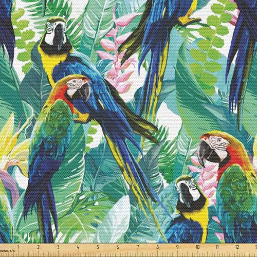 ABAKUHAUS Vögel Gewebe als Meterware, Scarlet Ara Papageien, Schön Gewebten Stoff für Polster und Wohnaccessoires, 1M (148x100cm), Blau Grün