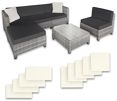 tectake Gartenmöbel Set, Lounge aus Poly Rattan und Aluminium, Balkon Möbel Set mit 10 cm Polsterung und Kissen, ideal für Garten und Balkon, inkl. 2 Sessel, 2 Ecksessel, 1 Tisch, 1 Hocker - hellgrau