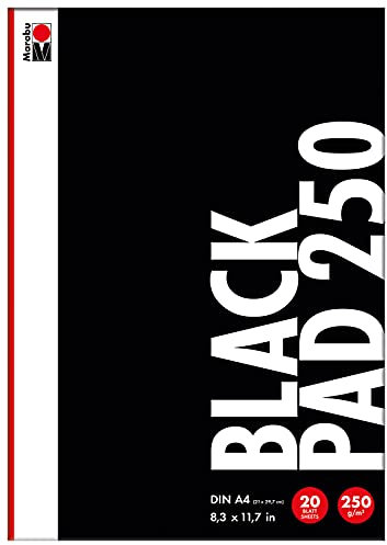 Marabu 1612000000501 Black Pad 250, schwarzes, mattes Spezial-Papier, 250 g/qm, 20 Blatt, DIN A4, säurefrei, biologisch abbau- und recyclebar, ideal zum Gestalten mit Acrylmarkern, Paintern und Linern