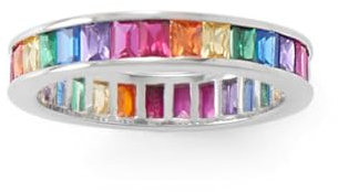 Bague en argent sterling 925 plaqué rhodium avec zircone cubique arc-en-ciel 3 mm x 2 mm Baguette CZ 4 mm Bijoux cadeaux pour femme – Gamme d'options de taille de bague : J à R, Métal, Zircone cubique