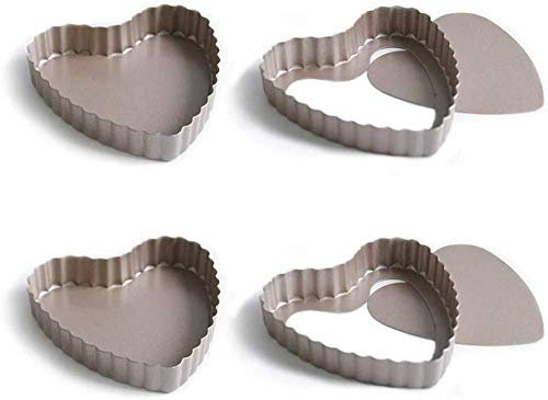 4 Inch Quiche Pie Mini Cake Tins Set of 4 Fluted Flan/Tart Pans with Removable Bottom, Heart Shaped, Non- Stick Coating,4pcs