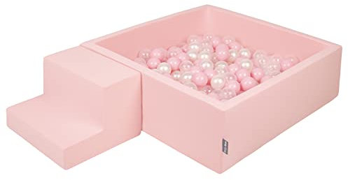 KiddyMoon Parque Infantil De Espuma con Cuadrada Piscina De Bolas (200 Bolas) para Niños, Rosa:Rosa Claro/Perla/Transparente