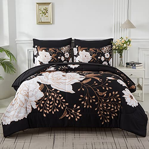 Yogeneg 7-teiliges Bett-in-Beutel-Bettwäsche-Set für King-Size-Bett, Botanisches Blumenmuster, weiße Blumenblätter gedruckt auf schwarzem Wendedesign, weiche Mikrofaser-Bettdecke mit Bettlaken-Set,