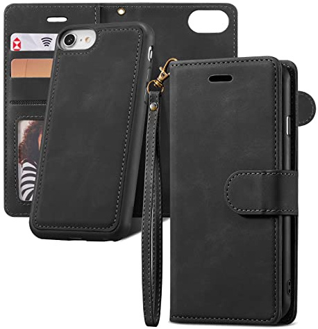 QLTYPRI Case for iPhone 7/8/SE 2020/SE 2022 5G,2 in 1 Magnetic Detachable Wallet Case PU Leather with [Card Slots] [Kickstand][Wrist Strap] Shockproof Flip Cover for iPhone 7/8/SE2/SE3-Retro Black