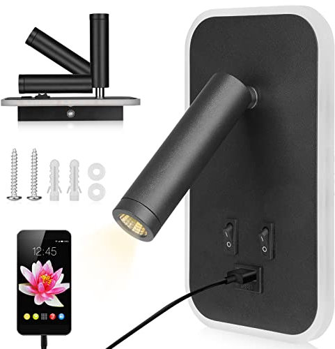 Towwoo Liseuse de Chevet, Applique Murale LED avec Interrupteur et Port de Charge USB, 3W+9W 3000K Fixation Murale Spot Rotatif, Lumières Mural Lit Noir Lampe Murale Couloir Hotel
