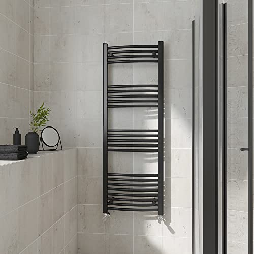 Warmehaus Curved Heated Towel Rail Black Bathroom Radiator 1400x500mm | Contemporary Ladder Style Radiator for Bathrooms, Central Heating, Wall Mounted Towel Warmer, Durable Finish
