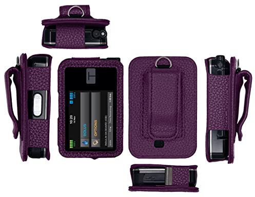 Funda de piel con protector de pantalla y clip para cinturón (cordón para el cuello y mosquetón) para bomba de insulina T:Slim X2 (todos los modelos) (vertical-B1-morado)