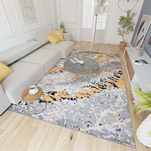 Mazovia Modern Teppich - Kurzflor - Teppich für Wohnzimmer, Schlafzimmer, Esszimmer - ÖKO-TEX Wohnzimmerteppich, Robust und pflegeleicht, Niedrige Florhöhe - Grau Gelb 80 x 150 cm