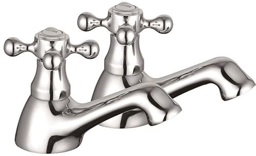 Edwardian Traditional Chrome Basin Taps Hot & Cold Classic Cross Head - Pair