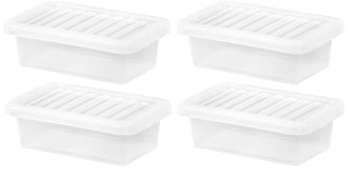 Set Of 4-4L Crystal Clear Plastic Storage Box Boxes with Lids Stackable Nestable Small Storage Container Multiple Use for Home Office Bedroom Kitchen Made in UK