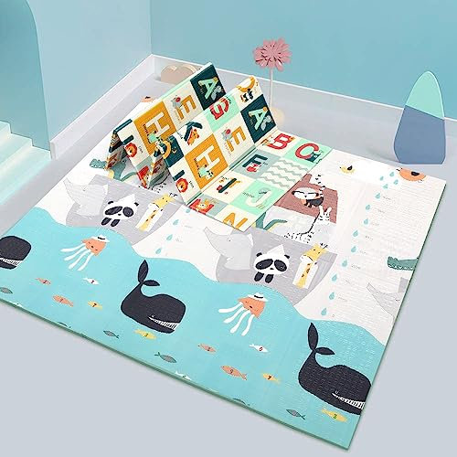 OUNUO Krabbelmatte Baby, Spielteppich für Kinder, Spielmatte Baby, Doppelseiten Krabbeldecke Spieldecke gym yoga matte 200x180cm (Meerestiere)