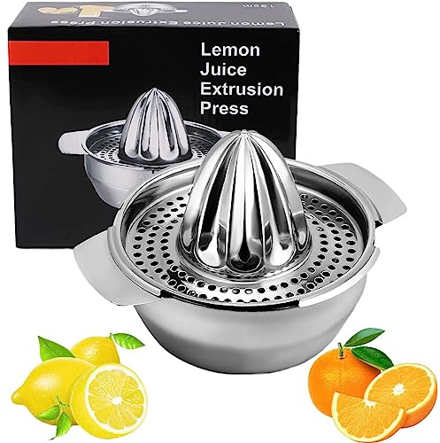 Zitronenpresse mit Behälter Food Grade 304 Edelstahl Zitruspresse Manuell Robust Orangenpresse Hand Fruchtpresse Manuell Citruspresse für Zitronen Orange Grapfruit Zitrusfrüchte