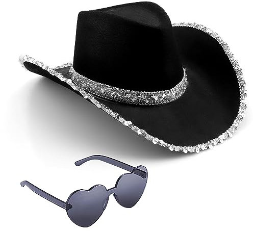 Silom Cowboyhut, Halloween-Kostüm, Cowgirl-Hut für Damen und Herren, Erwachsene, Westernkuh-Mädchen-Hut mit Herz, Brille, verkleiden, Kuhmädchen-Kostüm für Junggesellinnenabschied